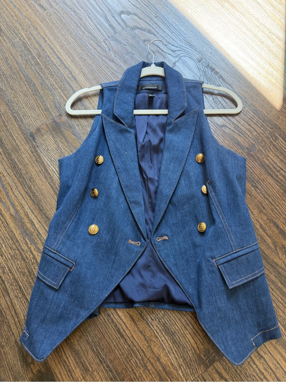 White House Black Market Denim Double-Breasted Vest with Gold Buttons